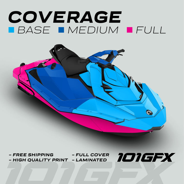 Promotional image of Sea Doo Spark Graphics Kit RAYS BLACK WHITE illustrating base, medium, full vinyl-wrap coverage on a Sea-Doo watercraft with highlighted features.