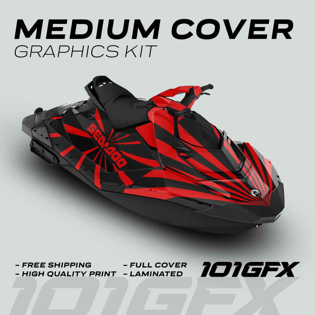 Sea Doo Spark Graphics Kit RAYS BLACK RED on display, featuring a bold red-and-black stripe pattern, with highlights of quality, durability, and easy installation.