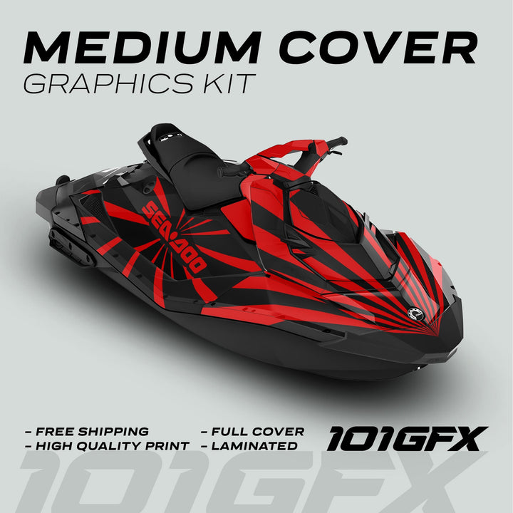 Sea Doo Spark Graphics Kit RAYS BLACK RED on display, featuring a bold red-and-black stripe pattern, with highlights of quality, durability, and easy installation.