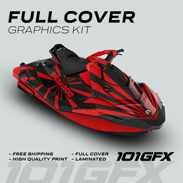 Sea Doo Spark Graphics Kit RAYS BLACK RED on Jet Ski, featuring red-black stripes, Sea-Doo logo, and highlights of durability, easy installation, and full coverage.