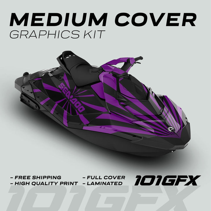 Sea Doo Spark Graphics Kit RAYS BLACK PURPLE on jet ski, showcasing bold purple stripes on black base, SEA-DOO logo, emphasizing durability and easy application.