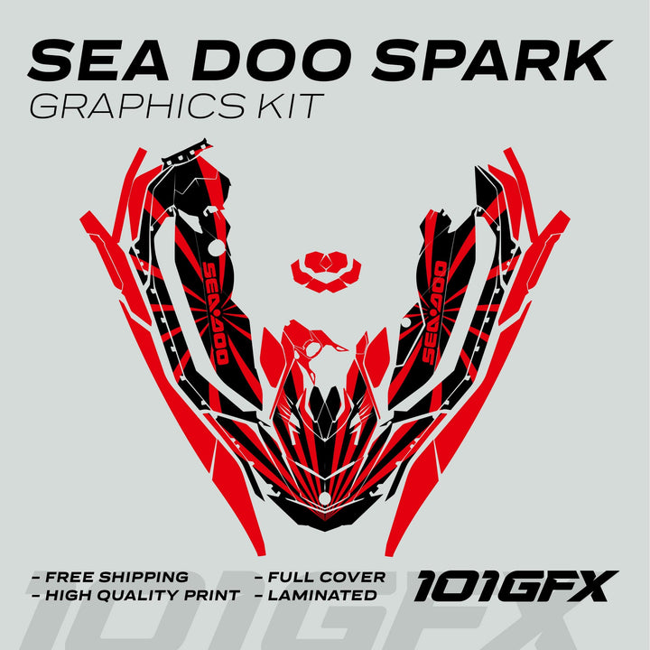 Sea Doo Spark Graphics Kit RAYS BLACK RED, featuring full-cover red-and-black decals, symmetrical layout. Includes Free Shipping, High Quality Print, Full Cover, Laminated.