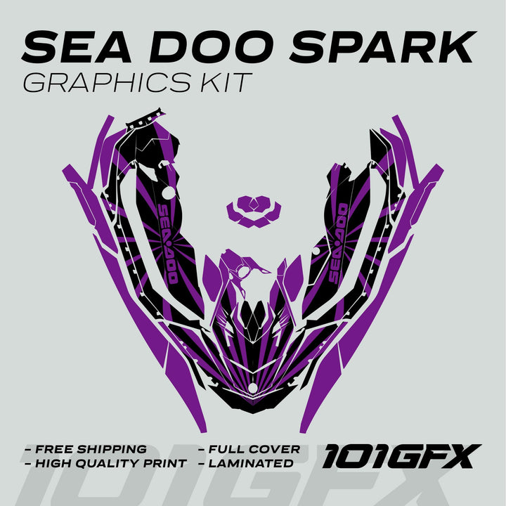 Sea Doo Spark Graphics Kit RAYS BLACK PURPLE, featuring a full-cover geometric pattern, promoting free shipping and high-quality, durable, laminated vinyl for Sea Doo models.