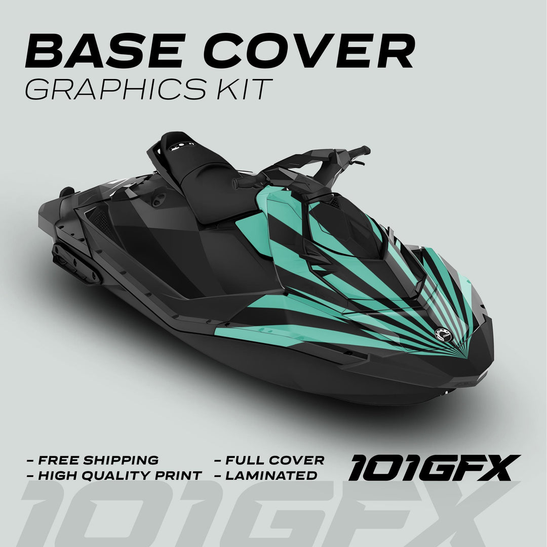 Sea Doo Spark Graphics Kit RAYS BLACK MINT on black watercraft, featuring bold teal-black stripes, highlighting free shipping, high-quality print, full cover, and laminated protection.