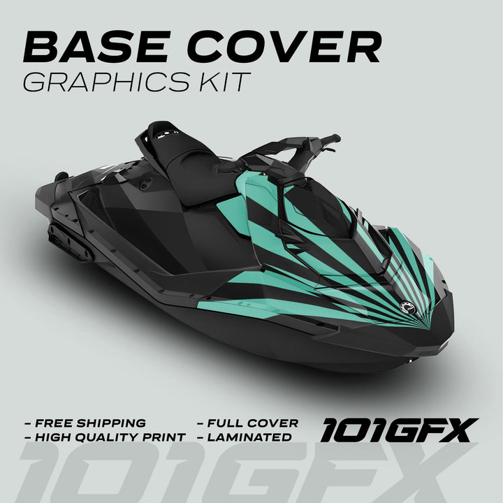 Sea Doo Spark Graphics Kit RAYS BLACK MINT on black watercraft, featuring bold teal-black stripes, highlighting free shipping, high-quality print, full cover, and laminated protection.