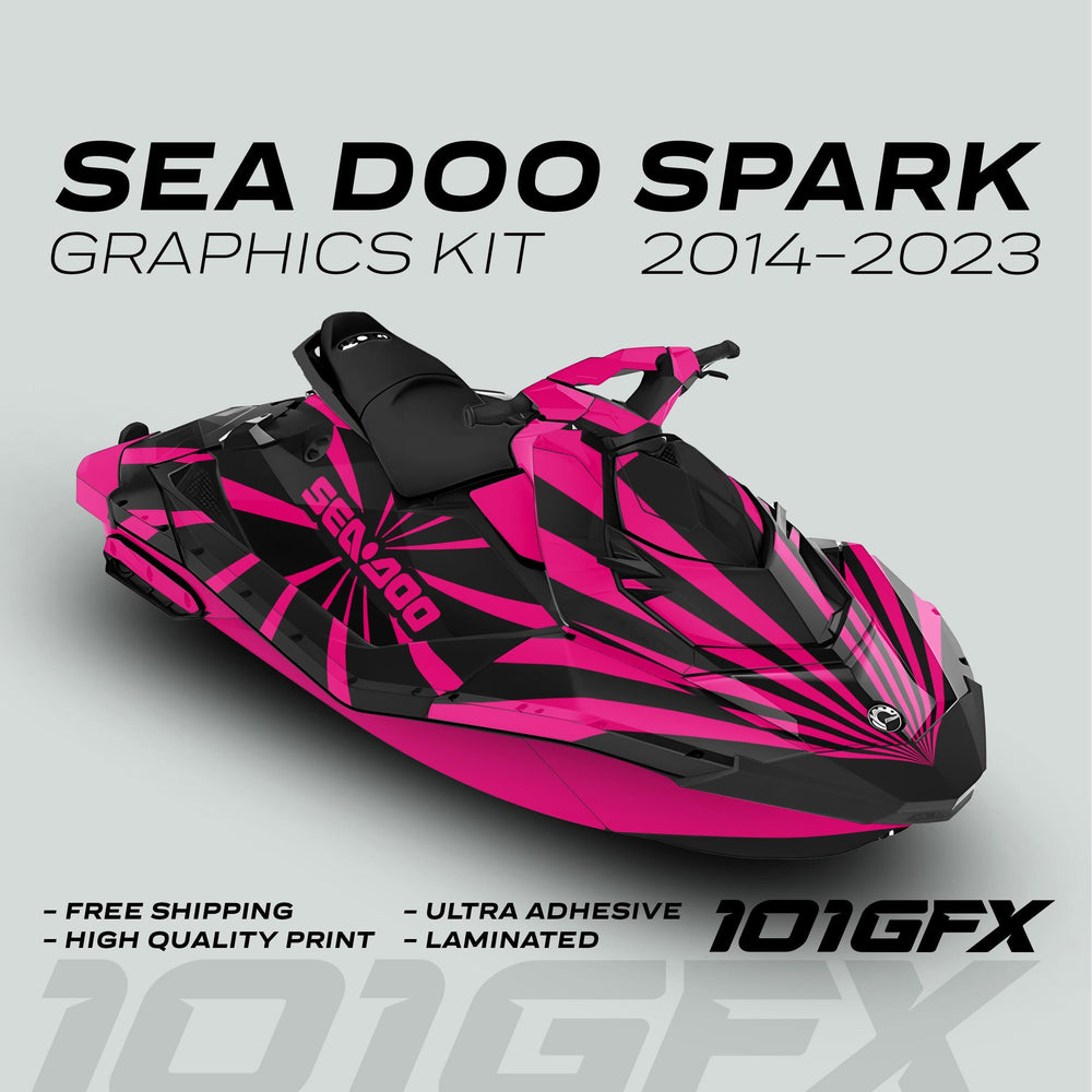 Sea Doo Spark Graphics Kit RAYS BLACK MAGENTA on jet ski, featuring angular pink and black stripes, Sea-Doo branding. Highlights: free shipping, high-quality print, ultra adhesive, laminated.