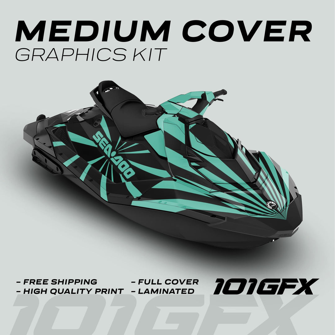 Sea-Doo Spark with RAYS BLACK MINT graphics kit; bold teal and black stripes; highlights: free shipping, high quality, laminated, full cover; brand: 101GFX.