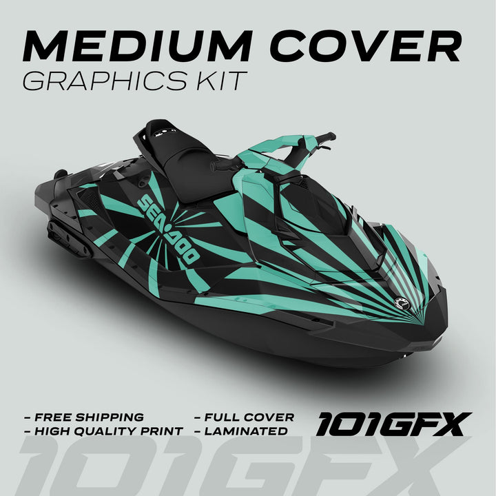 Sea-Doo Spark with RAYS BLACK MINT graphics kit; bold teal and black stripes; highlights: free shipping, high quality, laminated, full cover; brand: 101GFX.
