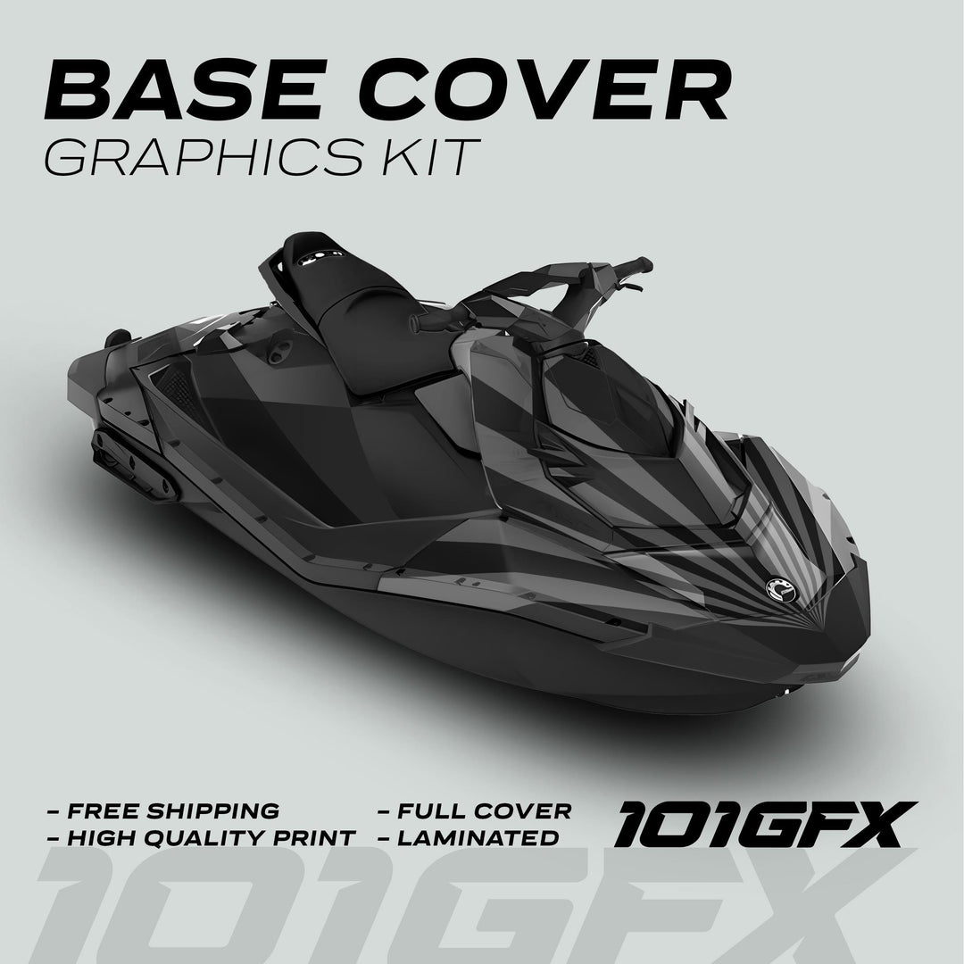 Sea Doo Spark Graphics kit RAYS BLACK GREY on a jet ski, featuring sleek monochrome wraps, high-quality print, full cover, laminated finish, and free shipping.