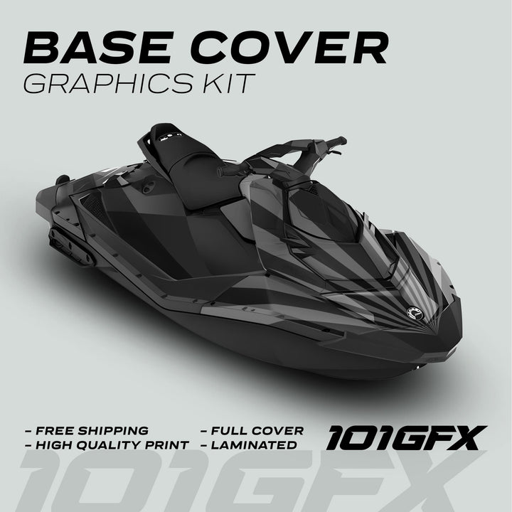 Sea Doo Spark Graphics kit RAYS BLACK GREY on a jet ski, featuring sleek monochrome wraps, high-quality print, full cover, laminated finish, and free shipping.