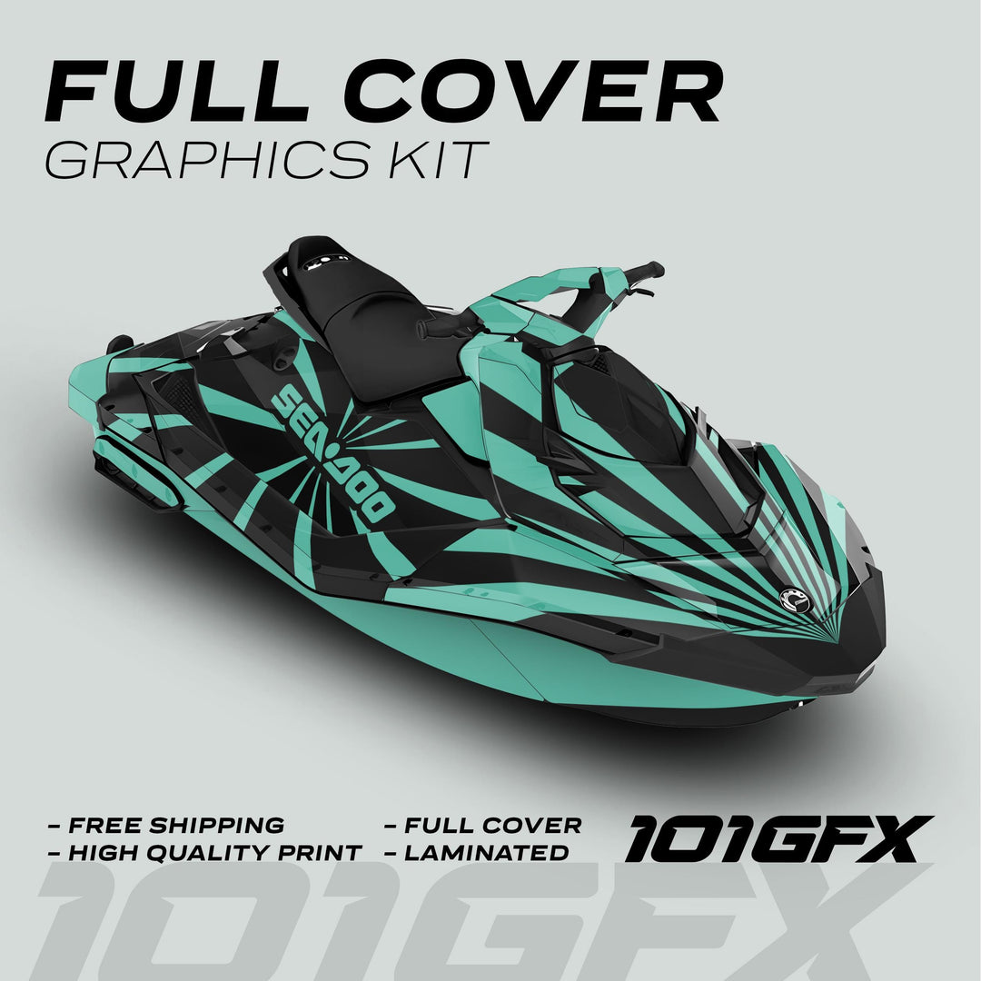 Sea Doo Spark Graphics Kit RAYS BLACK MINT with black-turquoise sunburst design, offering full cover wrap, high-quality print, and lamination for durable, standout aesthetics.