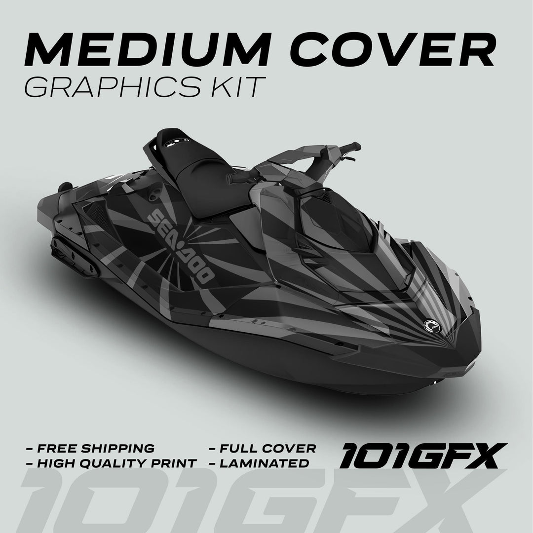 Sea Doo Spark Graphics kit RAYS BLACK GREY on jet ski, featuring full-cover black/gray decals with callouts for medium cover, free shipping, high quality, laminated.