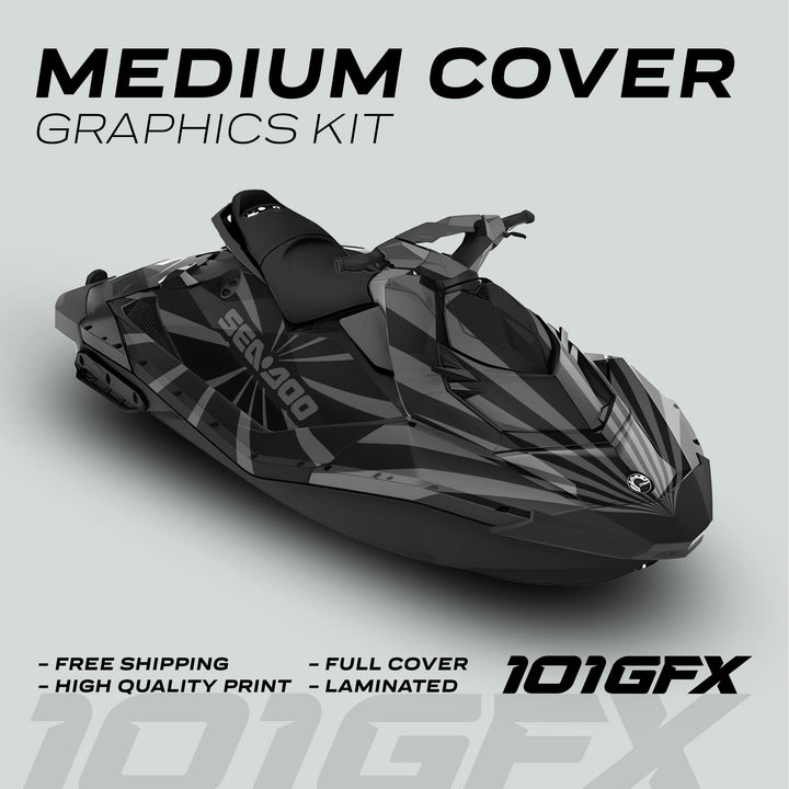 Sea Doo Spark Graphics kit RAYS BLACK GREY on jet ski, featuring full-cover black/gray decals with callouts for medium cover, free shipping, high quality, laminated.
