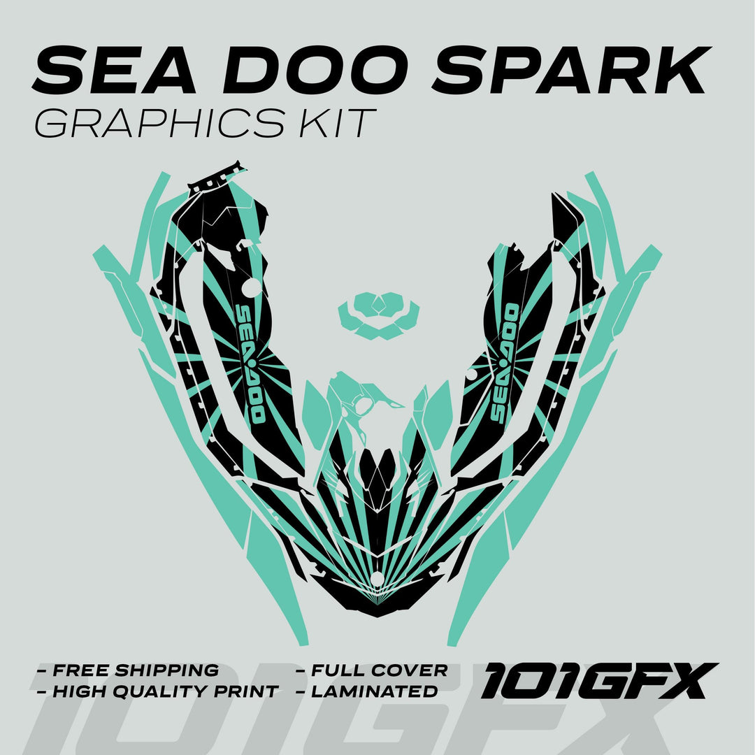 Sea Doo Spark Graphics Kit RAYS BLACK MINT mock-up displaying full-cover decals with FREE SHIPPING and HIGH QUALITY PRINT highlights, featuring black and teal designs.