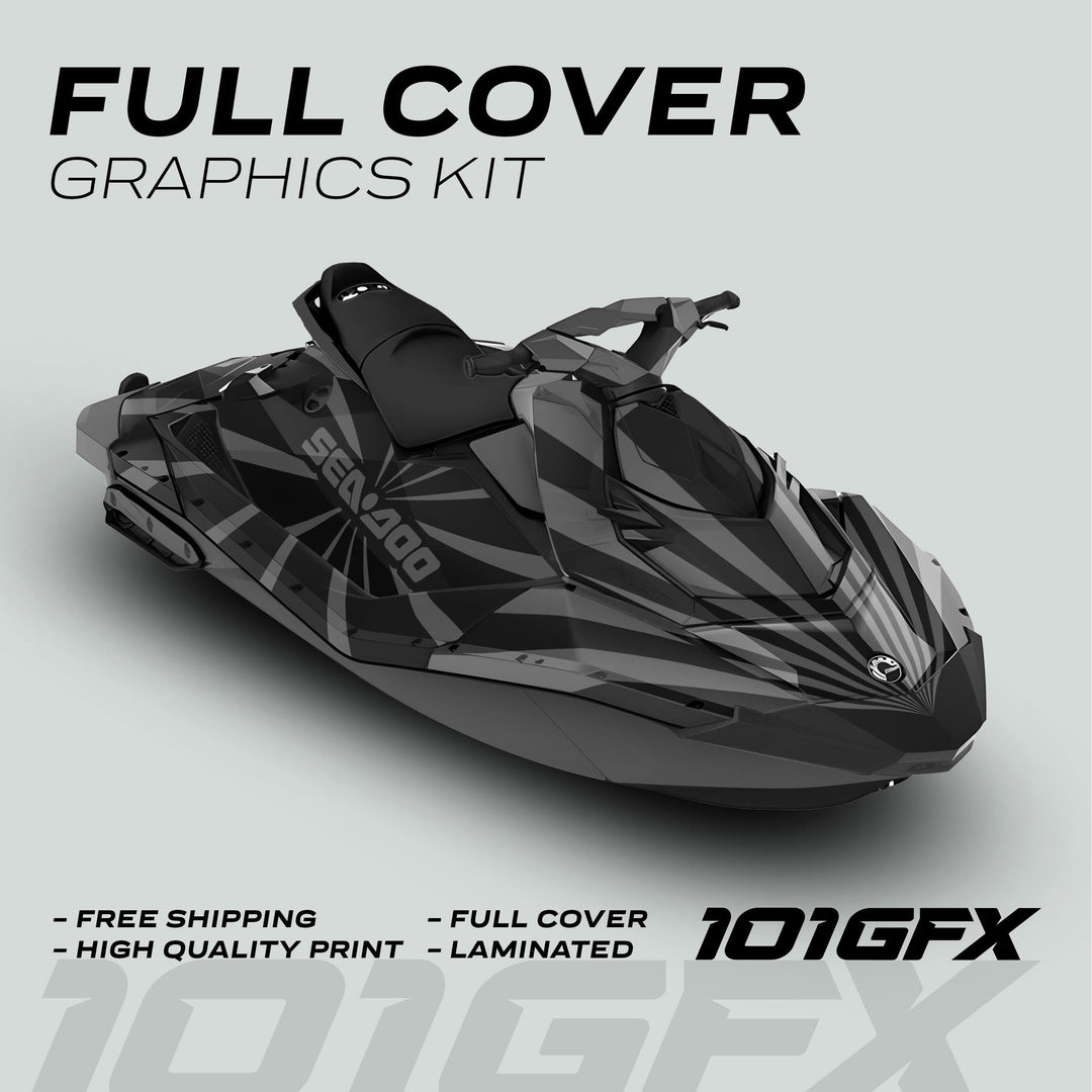 Sea Doo Spark Graphics kit RAYS BLACK GREY displayed on a jet ski, showcasing a sleek, durable full-cover wrap with free shipping and easy installation.