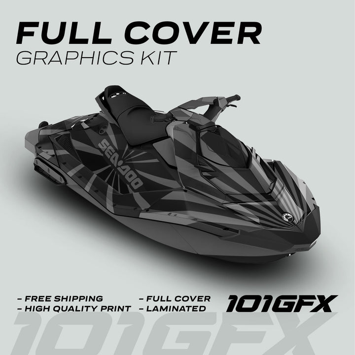 Sea Doo Spark Graphics kit RAYS BLACK GREY displayed on a jet ski, showcasing a sleek, durable full-cover wrap with free shipping and easy installation.