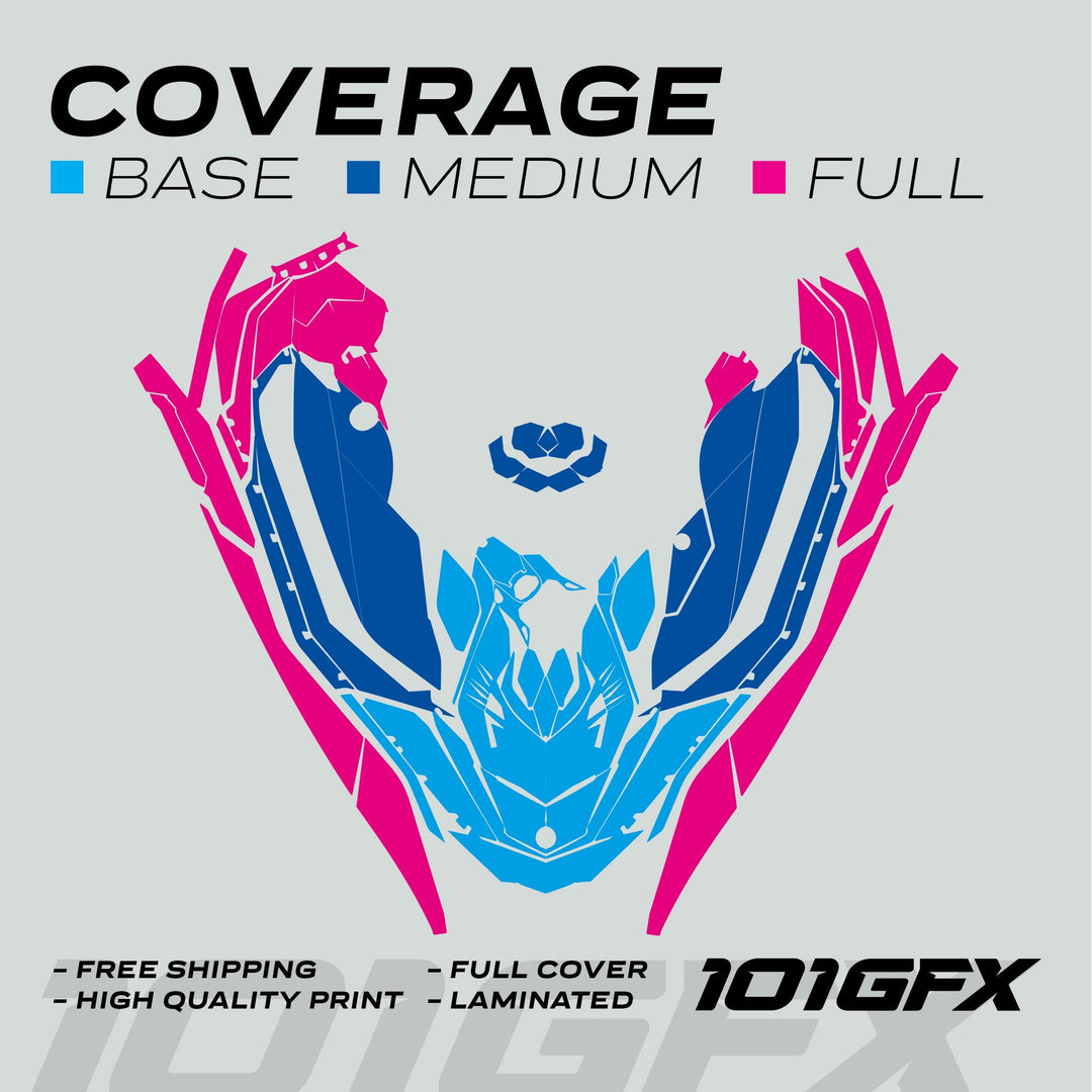 Sea Doo Spark Graphics Kit RAYS BLACK MAGENTA, featuring a coverage legend, marketing call-outs, and vibrant design for easy application and custom fit.