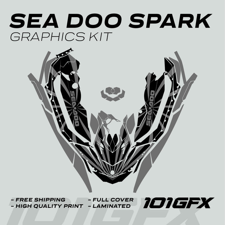 Sea Doo Spark Graphics kit RAYS BLACK GREY, featuring vinyl decals in an exploded view, highlights durability and custom fit with high-quality, laminated finish.