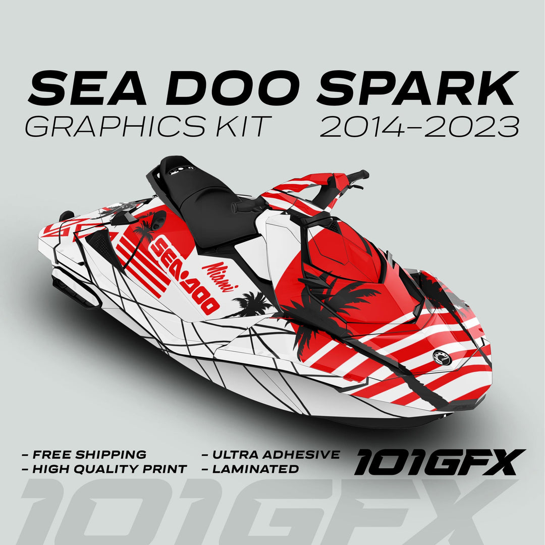 Sea Doo Spark Graphics Kit MIAMI WHITE RED featuring vinyl wrap with palm-tree silhouettes and diagonal stripes, offering vibrant style, durability, and easy installation for 2014–2023 models.