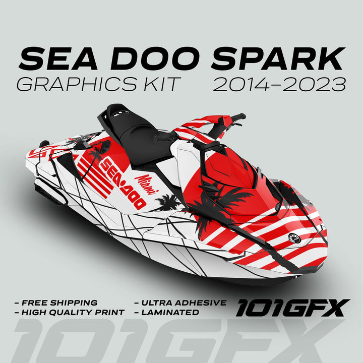 Sea Doo Spark Graphics Kit MIAMI WHITE RED featuring vinyl wrap with palm-tree silhouettes and diagonal stripes, offering vibrant style, durability, and easy installation for 2014–2023 models.