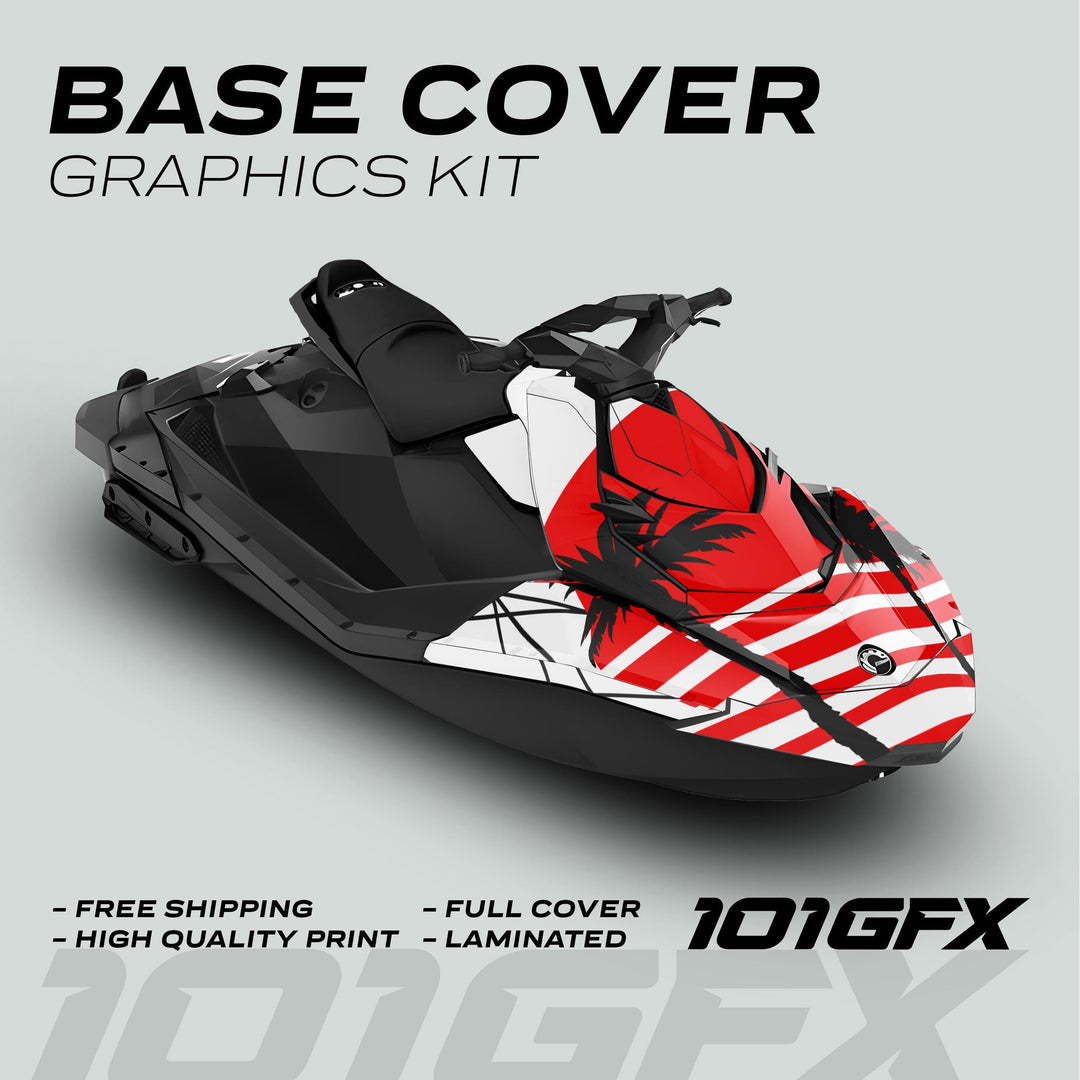 Jet ski with Sea Doo Spark Graphics Kit MIAMI WHITE RED, featuring bold decals with stripes and palm-tree silhouettes, highlighting durability and easy application.