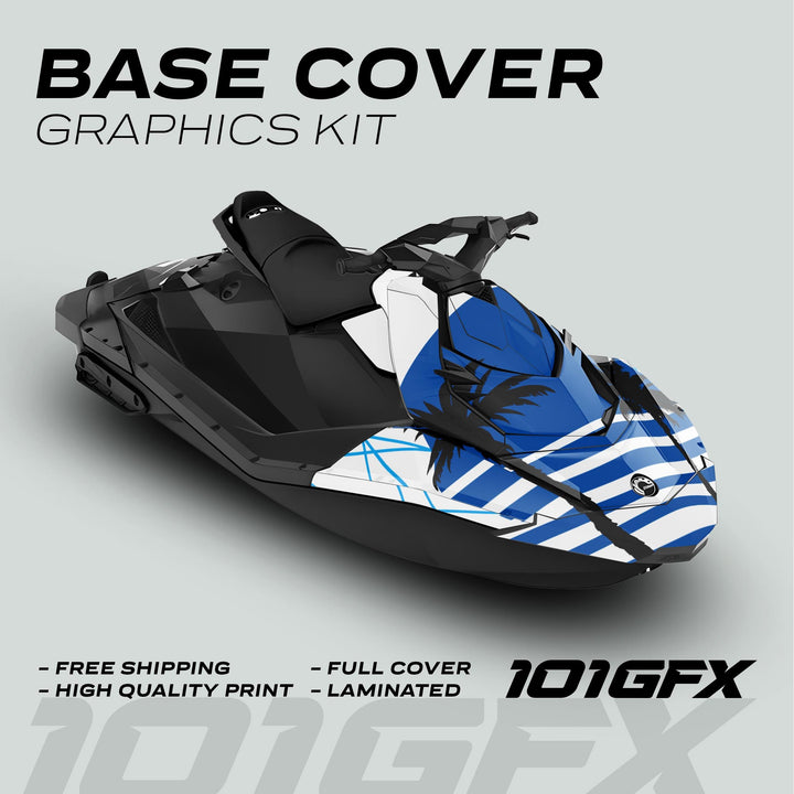 Sea Doo Spark Graphics Kit MIAMI WHITE BLUE on a jet ski, featuring bold blue-and-white stripes with black palm-tree silhouettes, highlighting benefits like free shipping and high-quality print.