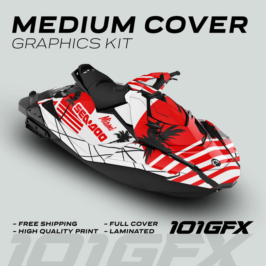 Sea Doo Spark Graphics Kit MIAMI WHITE RED on a jet ski, featuring red/white diagonal stripes, palm-tree silhouettes, highlighting durability, easy application, and vibrant Miami-inspired design.