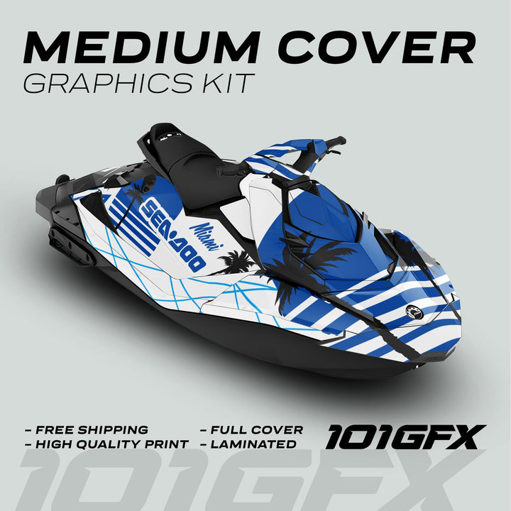 Sea Doo Spark Graphics Kit MIAMI WHITE BLUE features palm-tree silhouettes, bold stripes, and branding on a jet ski, highlighting vibrant, durable, and easy-to-apply design.