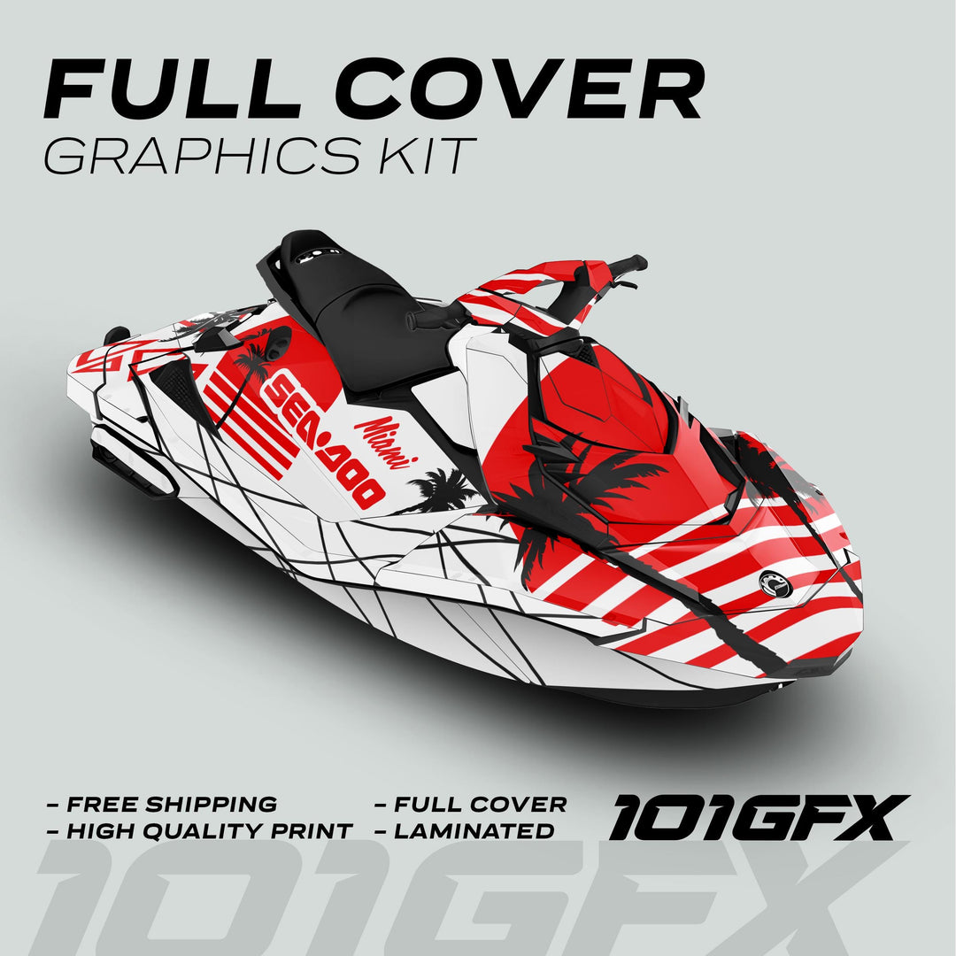 Sea Doo Spark Graphics Kit MIAMI WHITE RED on jet ski, featuring bold stripes, palm-tree silhouettes, and Miami Sea-Doo text, highlighting durability and easy application.