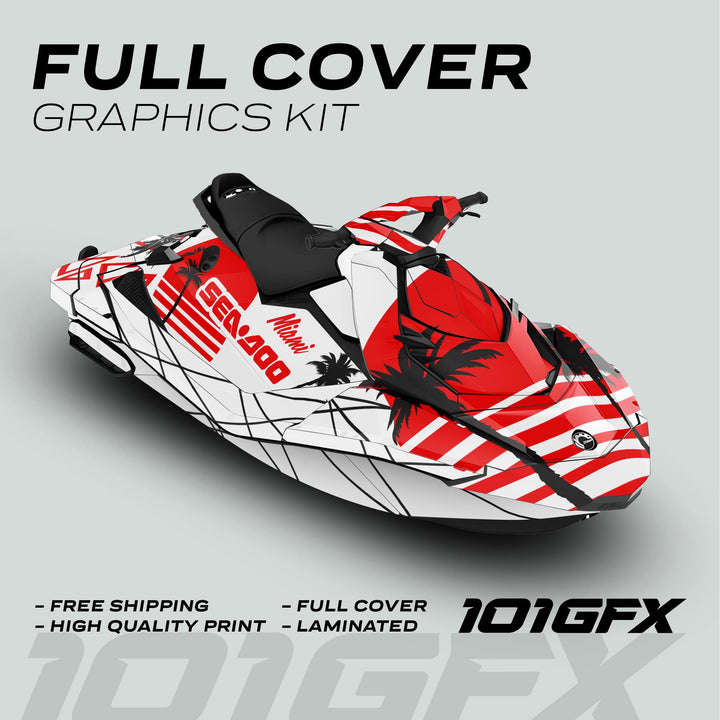 Sea Doo Spark Graphics Kit MIAMI WHITE RED on jet ski, featuring bold stripes, palm-tree silhouettes, and Miami Sea-Doo text, highlighting durability and easy application.