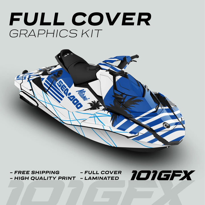Sea Doo Spark Graphics Kit MIAMI WHITE BLUE on a jet-ski, featuring a blue-and-white palm-tree design with Miami, highlighting free shipping, high-quality print, full cover, laminated.