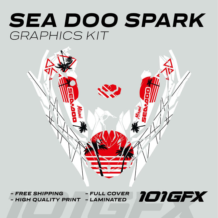 Sea Doo Spark Graphics Kit MIAMI WHITE RED featuring a red-white-black palm tree and stripe design with free shipping, high-quality print, and laminated finish.