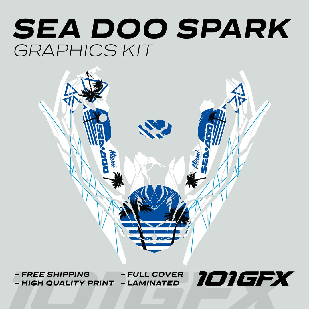 Sea Doo Spark Graphics Kit MIAMI WHITE BLUE displayed with cut-out pieces, showcasing palm tree and stripe designs, highlighting features like durability and easy application.