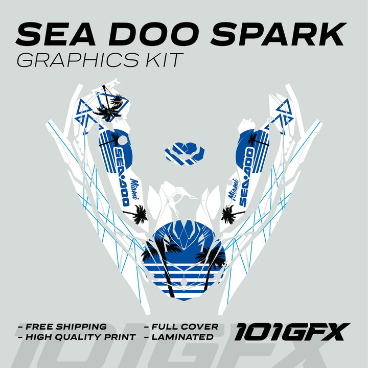 Sea Doo Spark Graphics Kit MIAMI WHITE BLUE displayed with cut-out pieces, showcasing palm tree and stripe designs, highlighting features like durability and easy application.