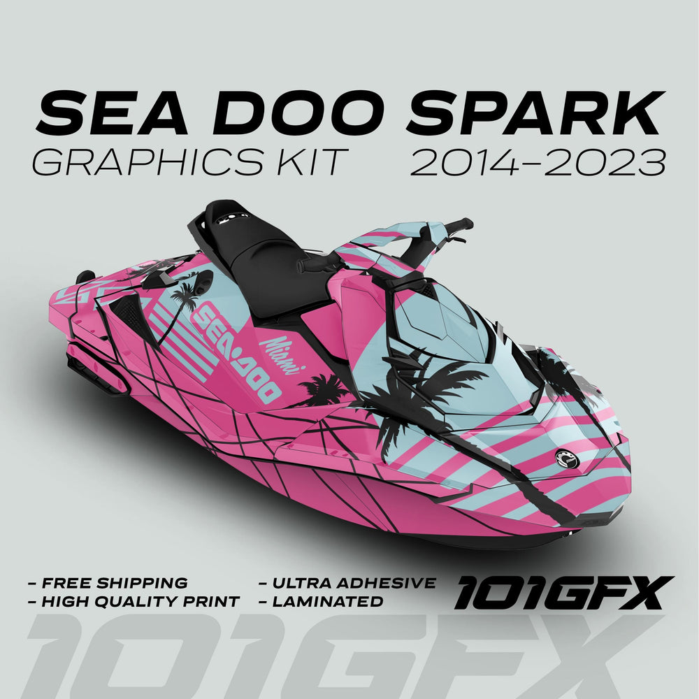 Sea Doo Spark Graphics Kit MIAMI PINK MILKY featuring vibrant palm-tree silhouettes and geometric accents, designed for 2014–2023 models with durable, high-quality materials.