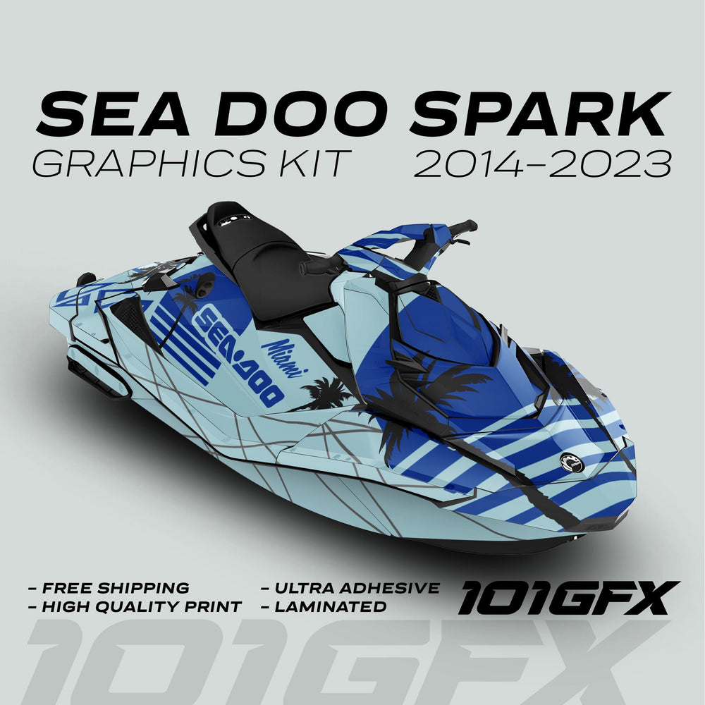 Sea Doo Spark Graphics Kit MIAMI MILKY BLUE with blue-teal palm-tree decals, dynamic striping, emphasizing durability, easy application, and protection for Sea Doo Spark models 2014–2023.