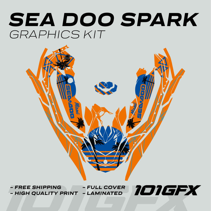 Sea Doo Spark Graphics Kit MIAMI ORANGE BLUE features orange-blue palm-tree decals for a Sea-Doo Spark, emphasizing durability, easy application, and vibrant aesthetics.