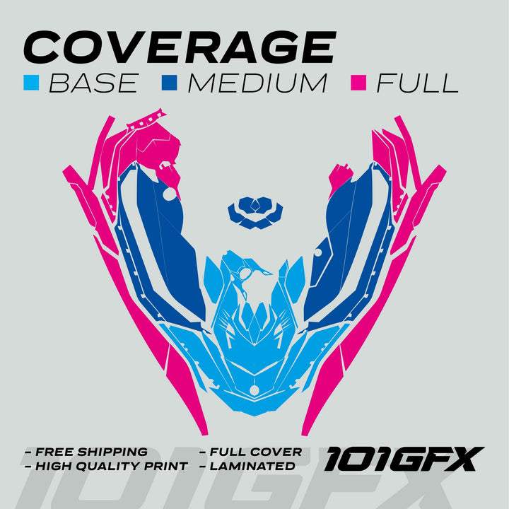 Sea Doo Spark Graphics Kit MIAMI PINK MILKY infographic showing decal coverage levels, emphasizing protection, free shipping, and high-quality print, with 101GFX logo.