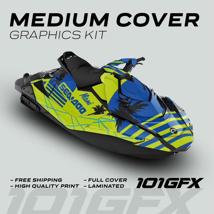 Sea Doo Spark Graphics kit MIAMI GREEN BLUE featuring lime-green, blue design with black palm-tree silhouettes and Miami lettering; includes free shipping, high quality, full cover, laminated.