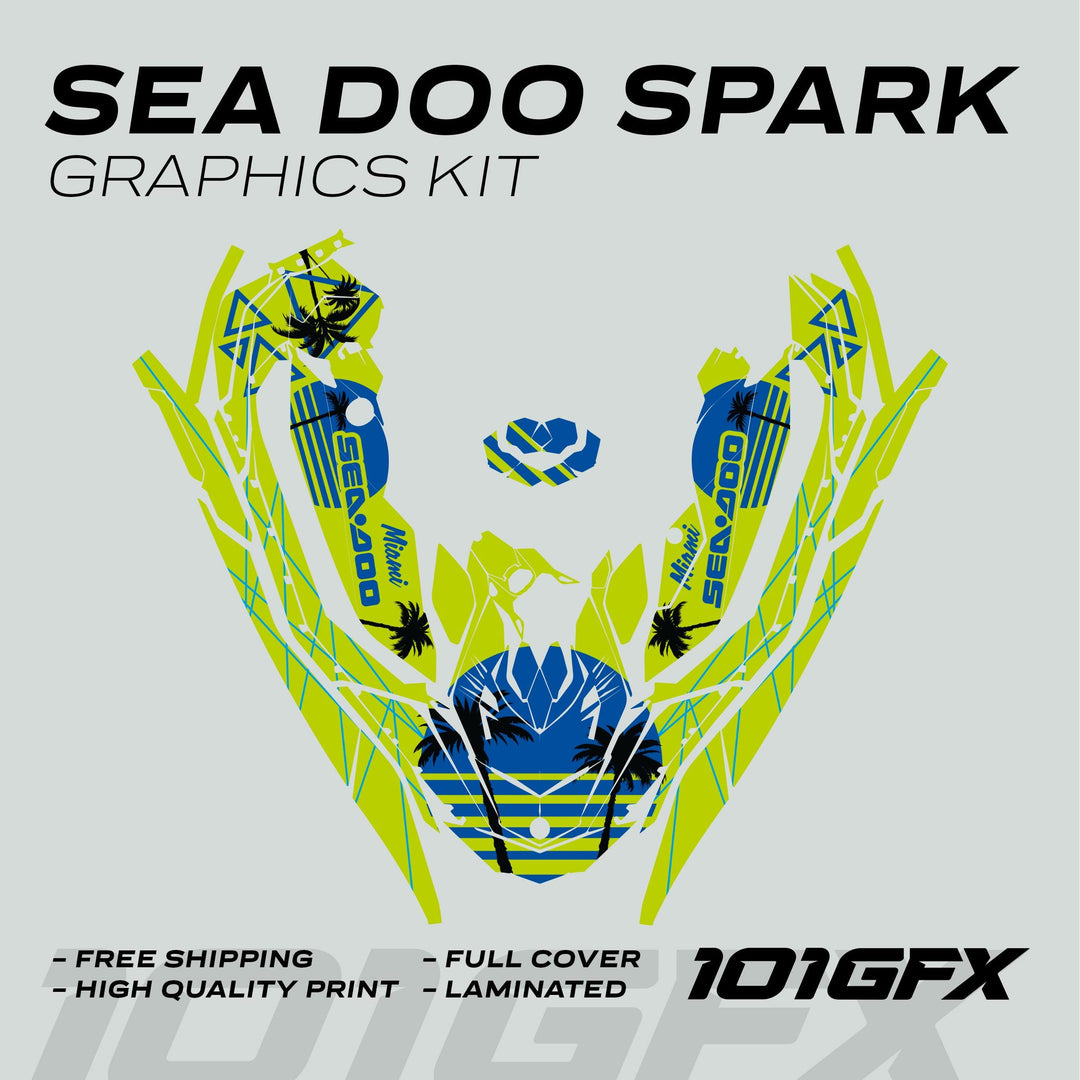 Sea Doo Spark Graphics Kit MIAMI GREEN BLUE with lime green and blue palm-tree designs, includes pre-cut vinyl pieces for complete watercraft coverage, promoting free shipping and high-quality print.