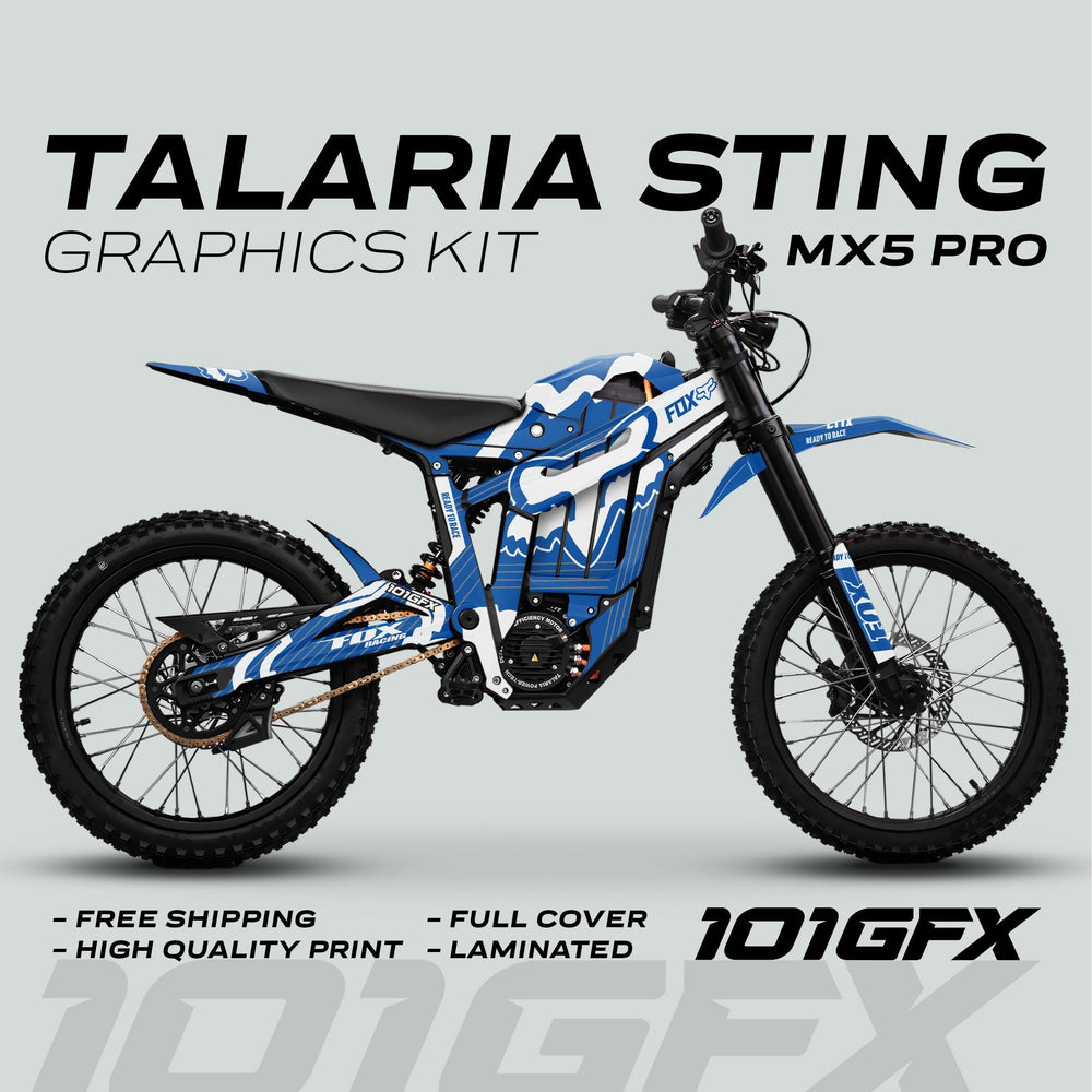 Talaria Sting MX5 PRO Graphics Kit FOX STRIPES decals on bike, showcasing full coverage, glossy finish, highlighting free shipping, quality, and easy application.