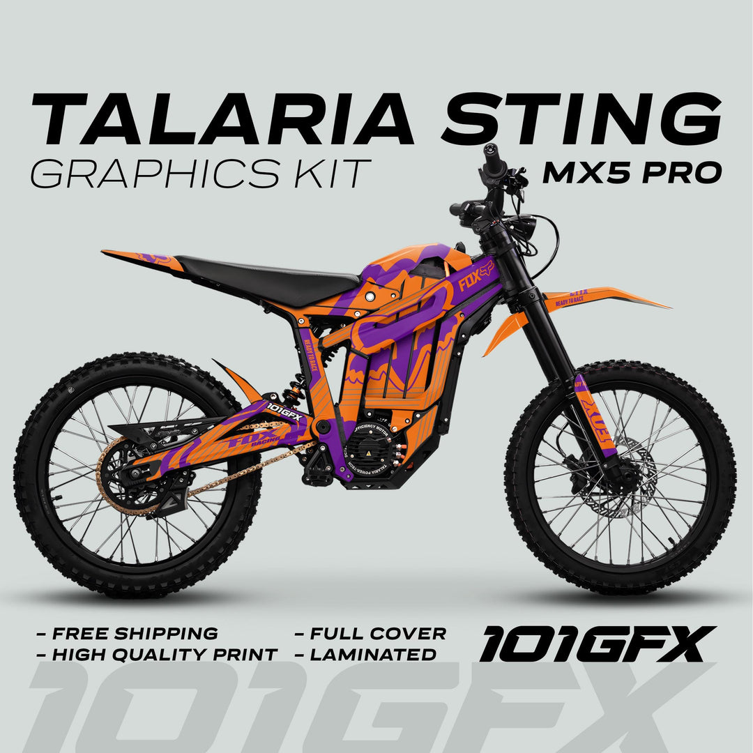 Talaria Sting MX5 PRO Graphics Kit featuring FOX STRIPES orange-purple decals, high-quality print, full coverage, laminated, with logos, promoting free shipping.