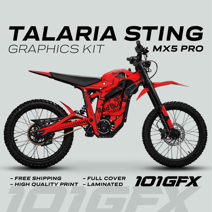 Talaria Sting MX5 PRO Graphics Kit: Red Bull-inspired decals, full coverage, high-quality print, laminated, designed by 101GFX. Enhance style and durability with easy installation.
