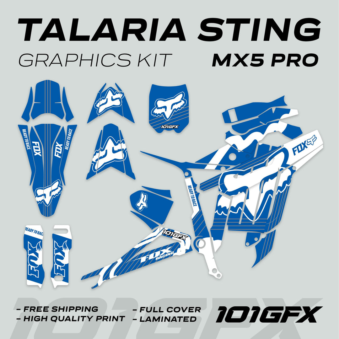 Talaria Sting MX5 PRO Graphics Kit FOX STRIPES, showcasing blue-and-white Fox Racing decals for a motocross bike, emphasizing features like full cover and laminated finish.