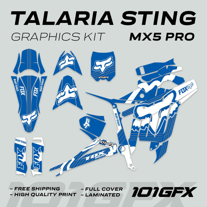 Talaria Sting MX5 PRO Graphics Kit FOX STRIPES, showcasing blue-and-white Fox Racing decals for a motocross bike, emphasizing features like full cover and laminated finish.