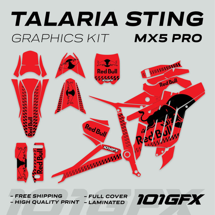 Talaria Sting MX5 PRO Graphics Kit RBULL MONO Red Black Decals featuring Red Bull logos, checker-flag accents, and 101GFX branding, highlighting features like free shipping and laminated finish.