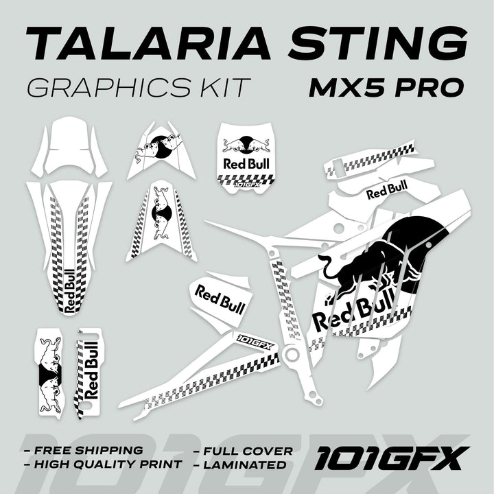 Talaria Sting MX5 PRO Graphics Kit RBULL MONO White Black Decals featuring Red Bull logo, full-coverage stickers for dirt-bike, promoting features like free shipping and easy application.