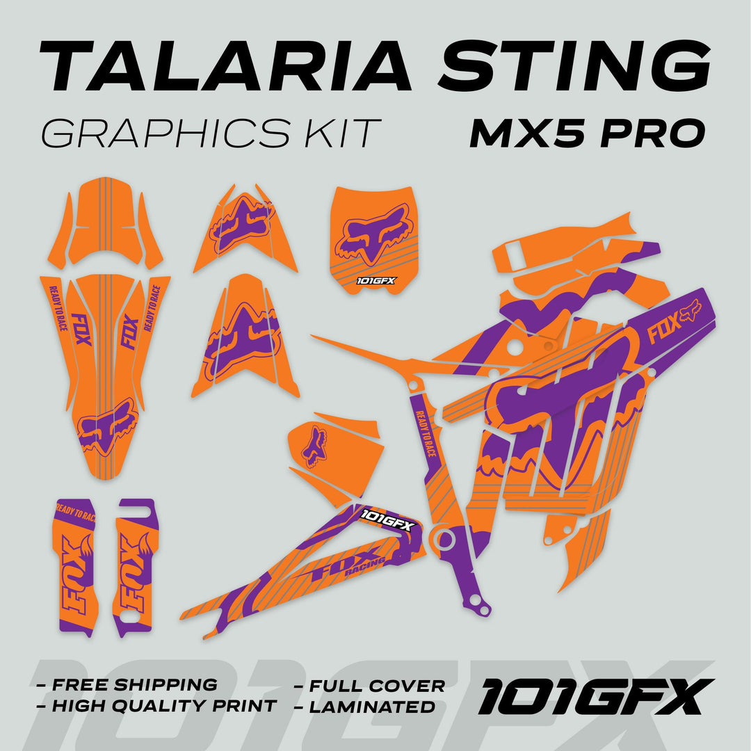 Talaria Sting MX5 PRO Graphics Kit FOX STRIPES, showcasing orange-purple vinyl decals for fenders, shrouds, panels, and more, promoting full coverage and high-quality print.