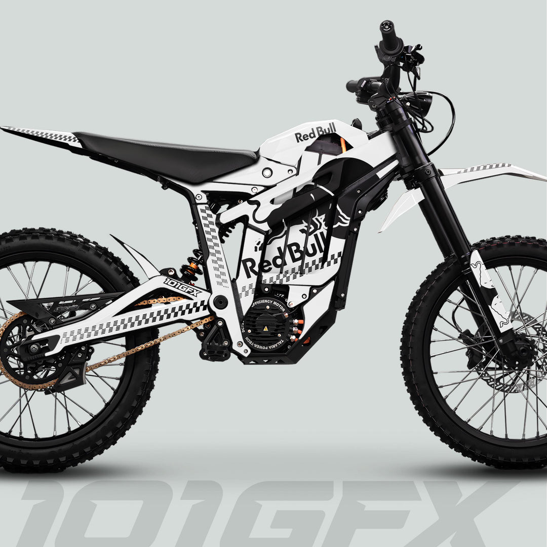 Red Bull–liveried Talaria Sting MX5 PRO with knobby tires, showcasing the RBULL MONO Graphics Kit for enhanced style and durability.