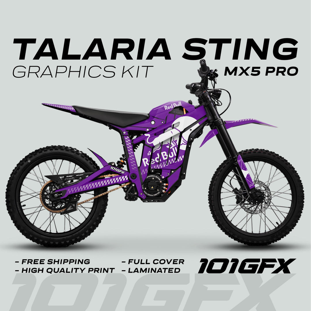 Talaria Sting MX5 PRO Graphics Kit RBULL MONO, featuring a full-cover laminated wrap with a purple-and-white Red Bull theme for electric dirt bikes.